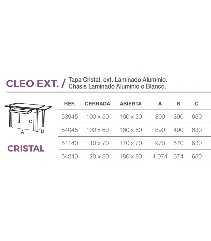 Mesa Cleo extensible cristal Mesas, sillas y taburetes Medidas: 100 x 50, 100 x 60, 110 x 70, 120 x